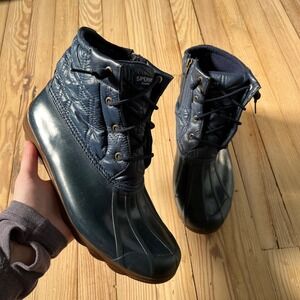 Sperry Saltwater Duck Boots Womens 11 Navy Blue Quilted Waterproof Rain Winter